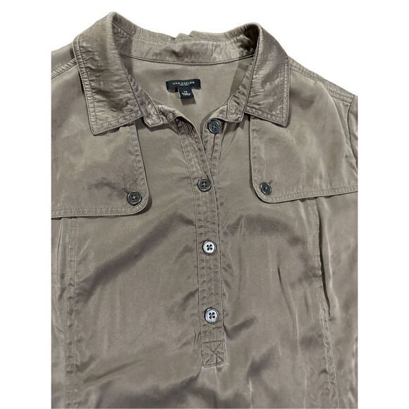 Ann Taylor 100% Silk Bronze Brown Cargo Utility Shirt Dress sz 14 - Picture 7 of 11